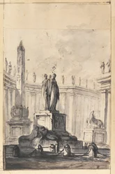 Fantasía arquitectónica con fuente y obelisco